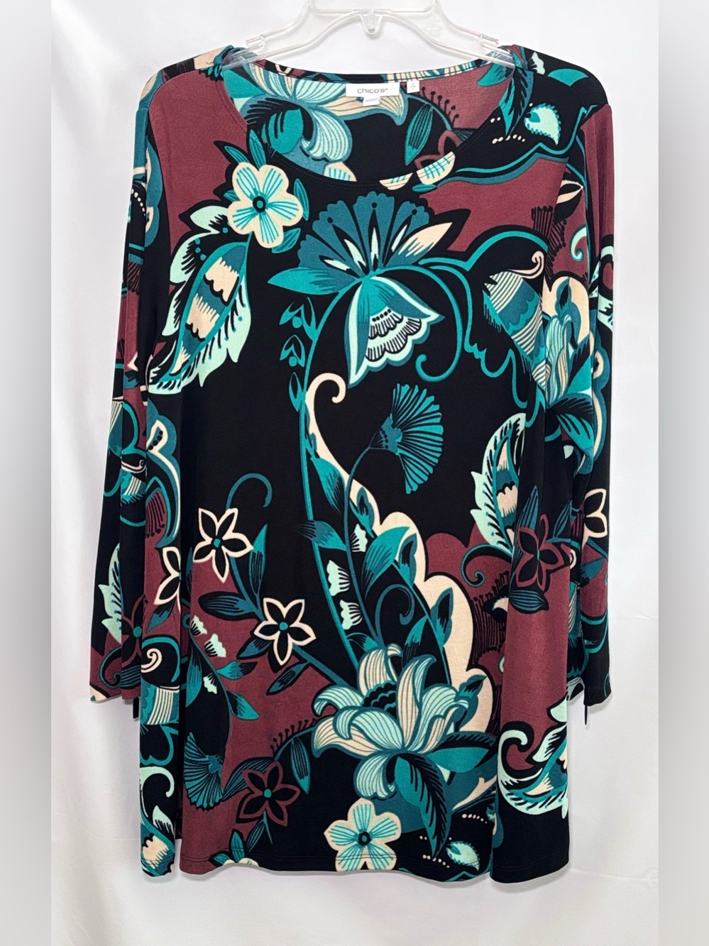Chico’s Travelers Folklore Zip Sleeve Floral Tunic Size 2/L